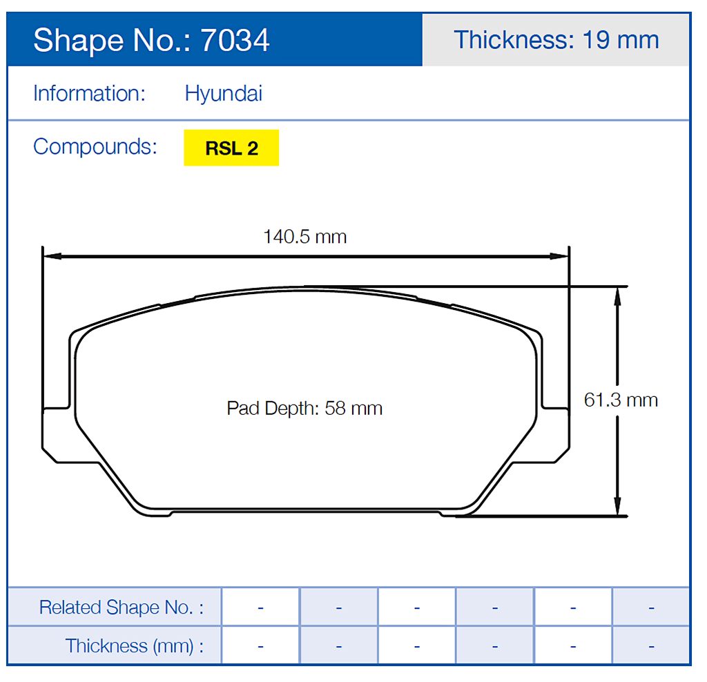 Technical diagram of a Pagid 7034 Hyundai brake pad with dimensions and compound information.