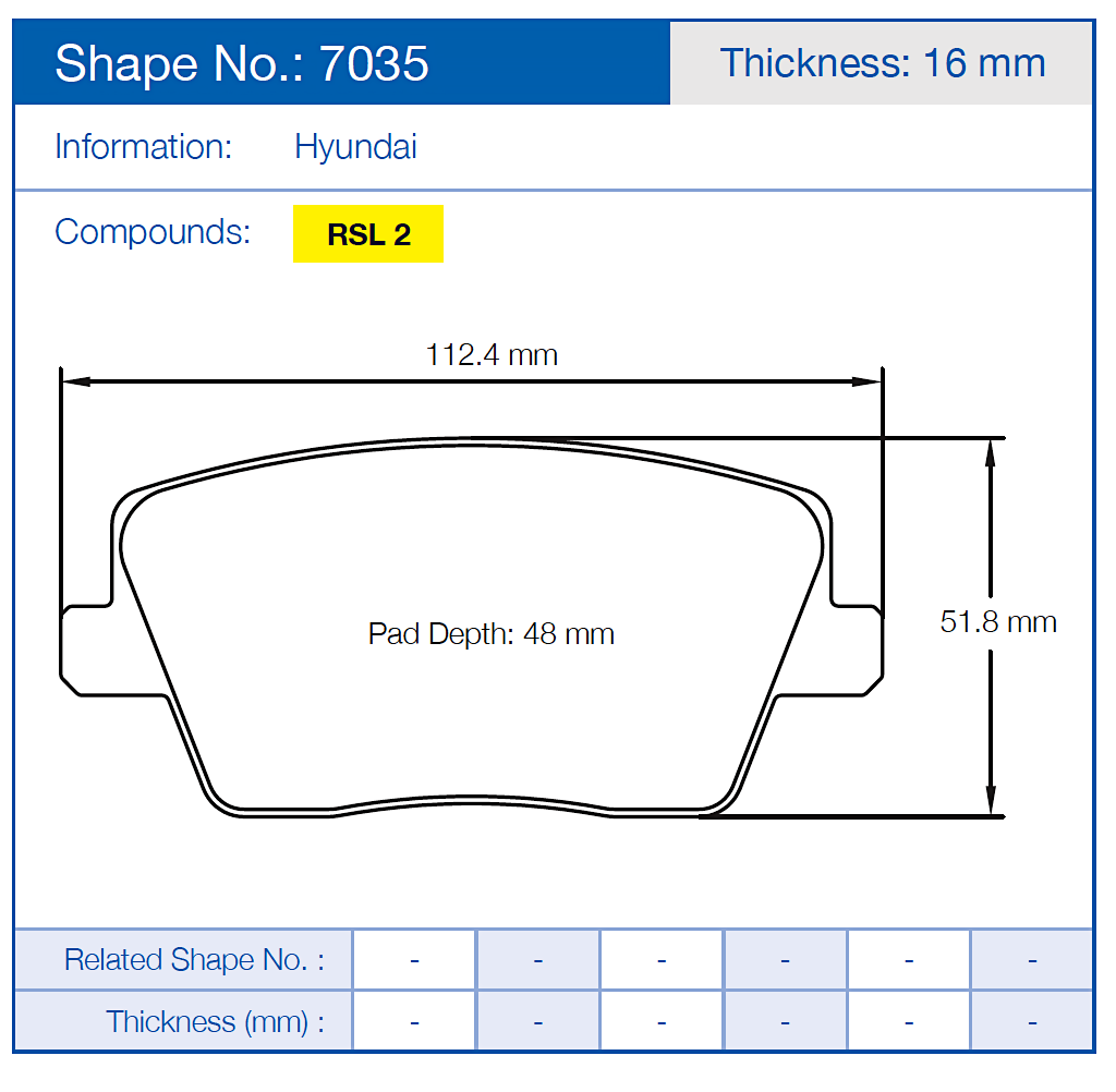 Technical diagram of a Pagid 7035 Hyundai brake pad with dimensions and specifications.