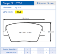Thumbnail for Technical diagram of a Pagid 7035 Hyundai brake pad with dimensions and specifications.