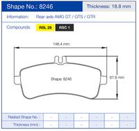 Thumbnail for Technical diagram of a Pagid 8246 brake pad with dimensions and compound information on a blue background