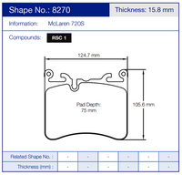 Thumbnail for Technical diagram of a Pagid 8270 brake pad with dimensions and specifications on a blue background