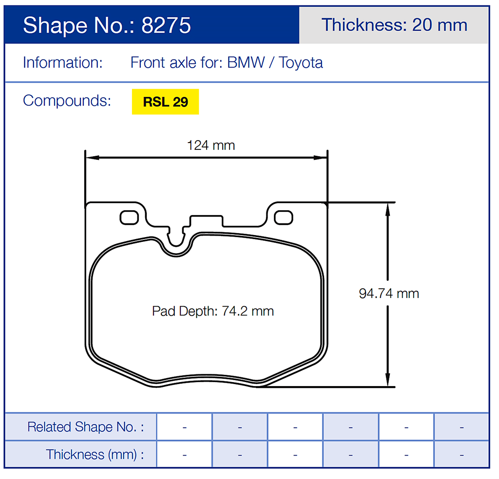 Technical diagram of a Pagid 8275 brake pad with dimensions and specifications for BMW and Toyota vehicles.