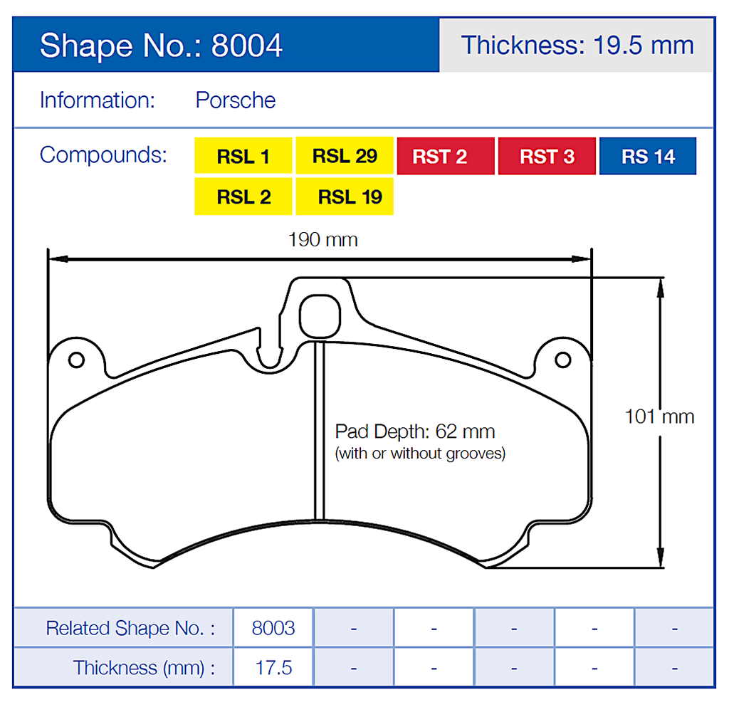 Technical diagram of a Pagid 8004 for Porsche brake pad with dimensions and compound information.