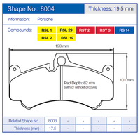 Thumbnail for Technical diagram of a Pagid 8004 for Porsche brake pad with dimensions and compound information.