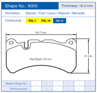 Thumbnail for Pagid 8005 Brake pad with dimensions and compatibility information on a blue background