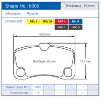 Thumbnail for Technical diagram of a Porsche Pagid 8006 brake pad with dimensions and compound information.