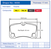 Thumbnail for Technical diagram of Pagid 8008 Brake pad for a Porsche with dimensions and compound information.