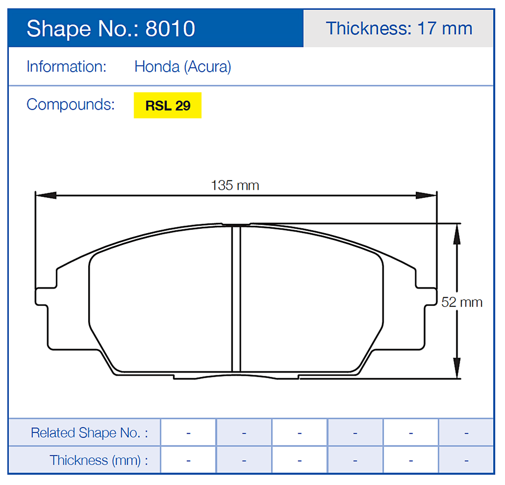 pagid racing brake pad 8010 Dimension Image