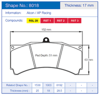 Thumbnail for Technical diagram of a pagid 8018 brake pad with dimensions and compound information on a blue background