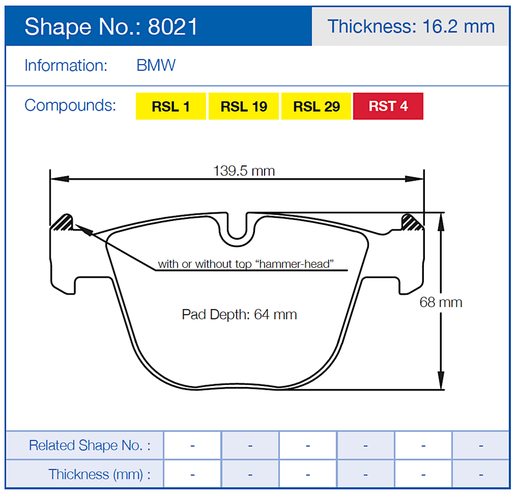 Technical diagram of a Pagid 8021 brake pad with dimensions and compound information, for BMW.