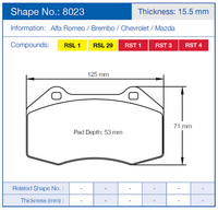 Thumbnail for pagid racing brakes pad Dimension 8023 image