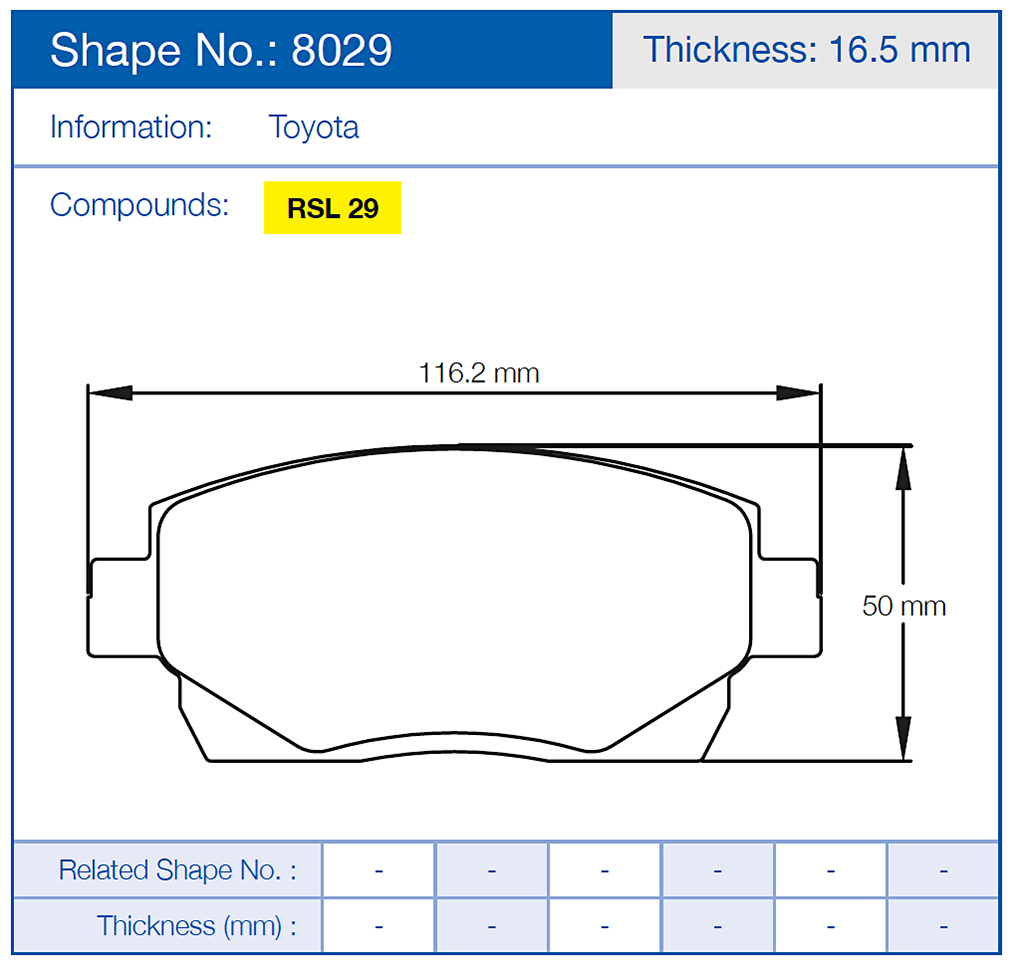 Technical diagram of a Pagid 8029 brake pad with dimensions and Toyota branding.