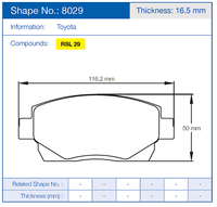 Thumbnail for Technical diagram of a Pagid 8029 brake pad with dimensions and Toyota branding.