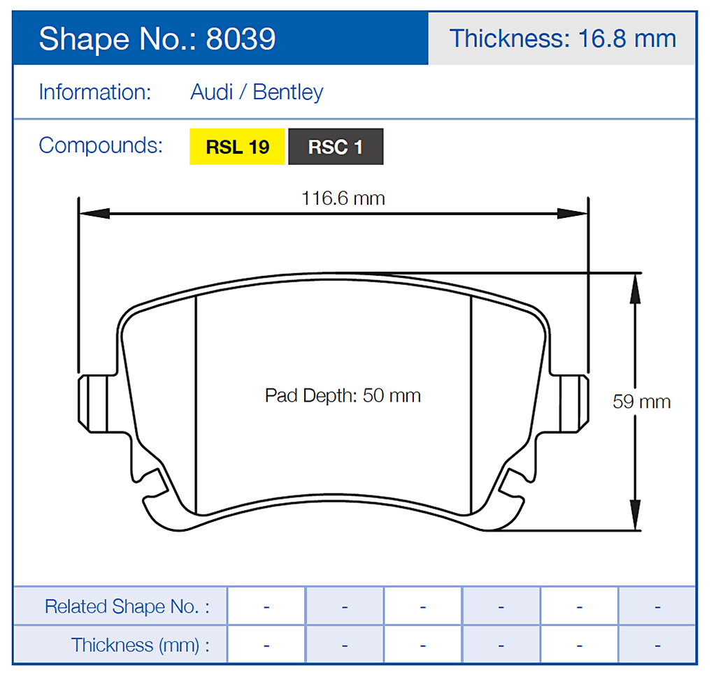 Technical diagram of a Pagid 8039 brake pad with dimensions and compound information on a blue background