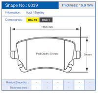 Thumbnail for Technical diagram of a Pagid 8039 brake pad with dimensions and compound information on a blue background