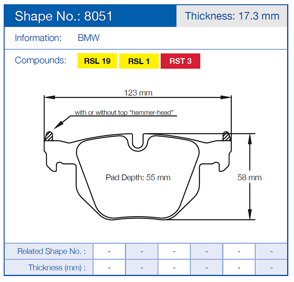 Technical diagram of a Pagid 8051 brake pad with dimensions and compound information for BMW.