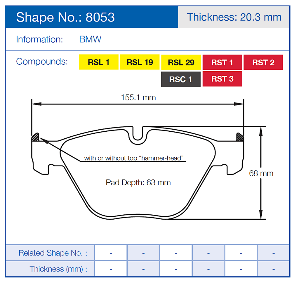 Technical diagram of a Pagid 8053 brake pad with dimensions and compound information for BMW, including shape number 8053 and thickness 20.3 mm.