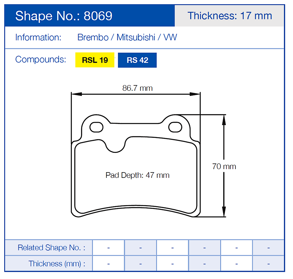 Technical drawing of a Pagid 8069brake pad with dimensions and compound information.