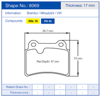 Thumbnail for Technical drawing of a Pagid 8069brake pad with dimensions and compound information.
