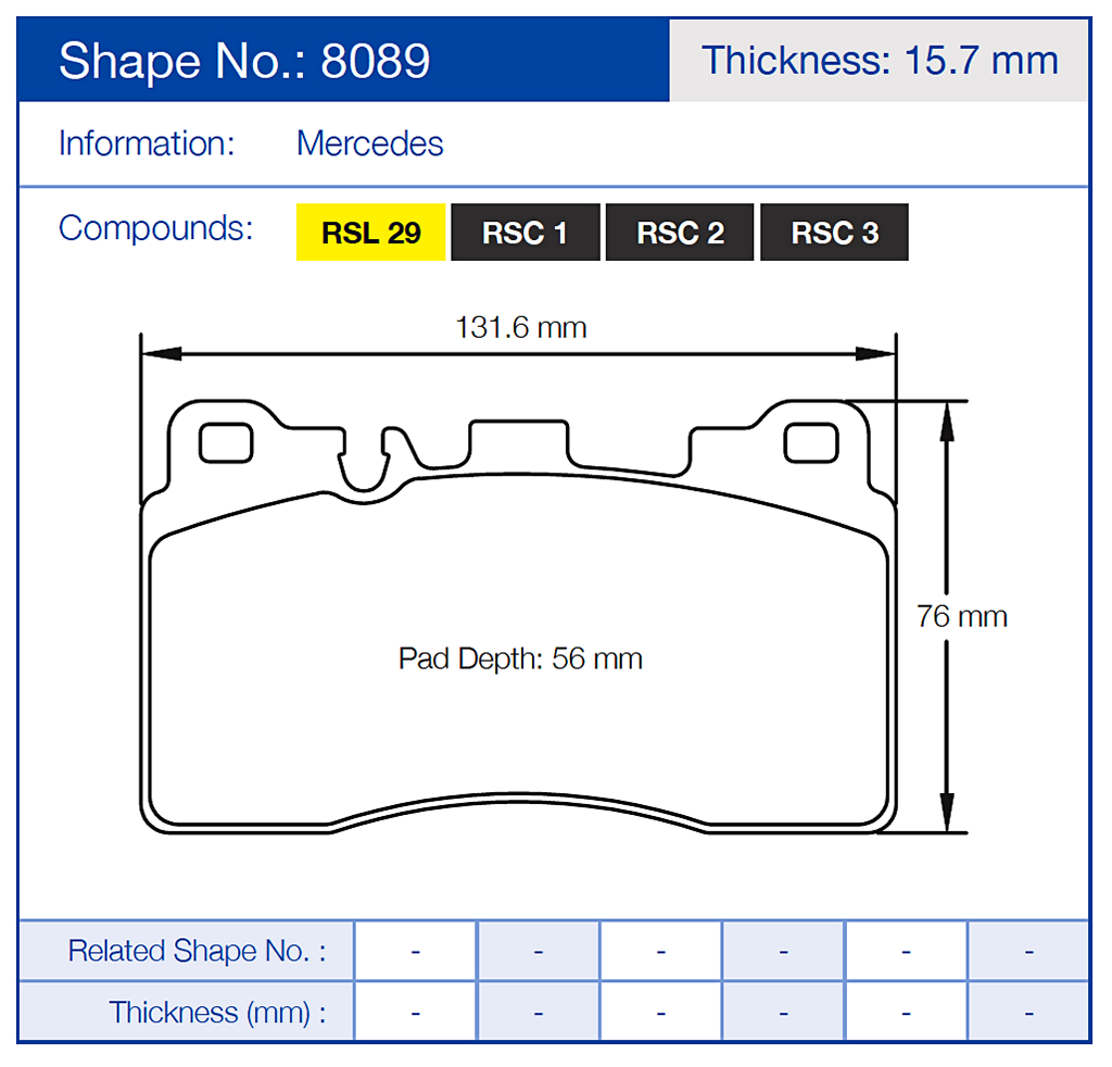 Pagid 8089 Brake pad with dimensions and specifications for Mercedes, including shape number, thickness, and compounds.