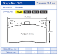 Thumbnail for Pagid 8089 Brake pad with dimensions and specifications for Mercedes, including shape number, thickness, and compounds.