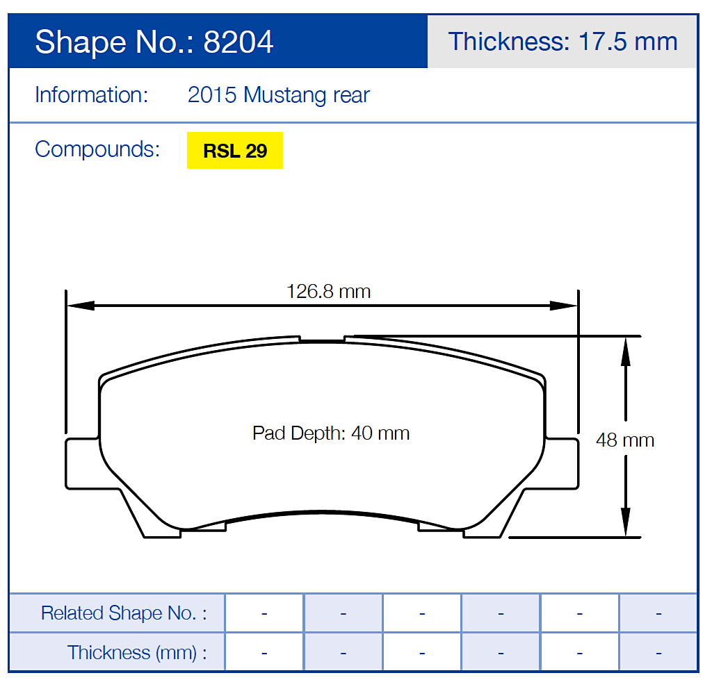 Technical diagram of a Pagid 8204 brake pad with dimensions and specifications for a 2015 Mustang rear, featuring RSL 29 compound.