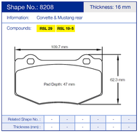 Thumbnail for Pagid 8208 Brake pad dimensions and specifications for Corvette and Mustang rear, including shape number, thickness, and compounds.