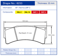 Thumbnail for Technical diagram of a Pagid 8233 brake pad with dimensions and compound information.