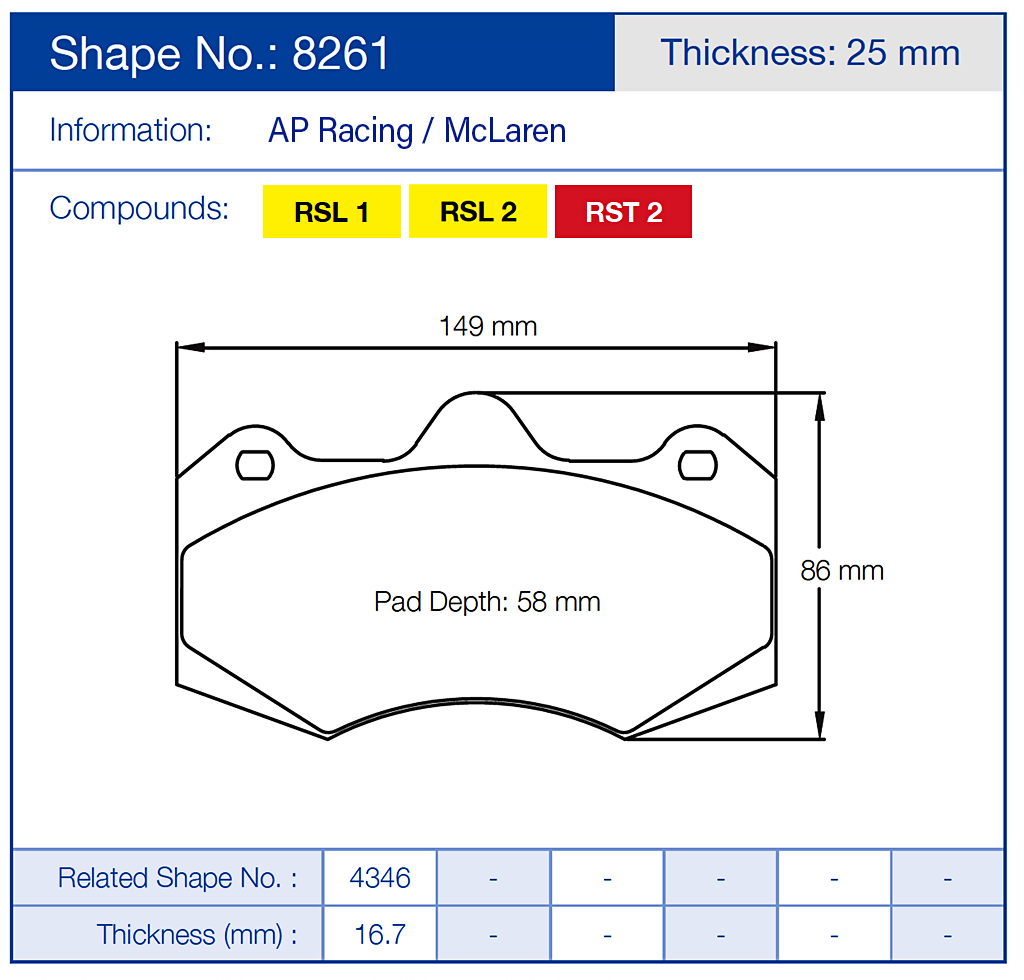 Technical diagram of Pagid 8261 brake pads with dimensions and compound types on a blue background