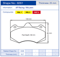 Thumbnail for Technical diagram of Pagid 8261 brake pads with dimensions and compound types on a blue background