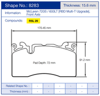 Thumbnail for Pagid Brake pad dimensions and specifications with Shape 8283 and thickness 15.6 mm.