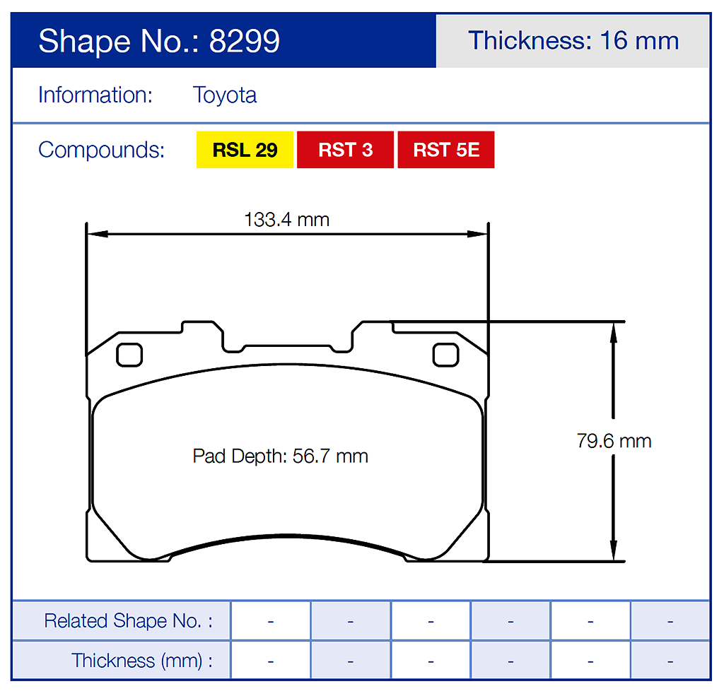 Technical diagram of a Pagid 8299 brake pad with dimensions and Toyota branding