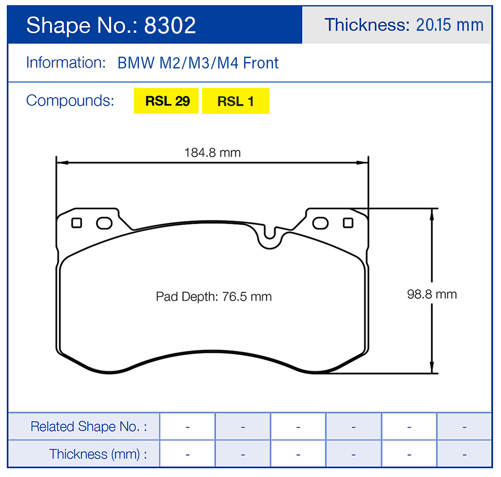 Technical drawing of a Pagid 8302 brake pad with dimensions and compound information for BMW M2/M3/M4 front.