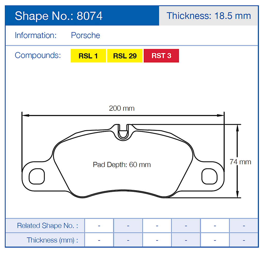 Pagid 8074 Brake pad with dimensions and specifications for Porsche, including shape number, thickness, and compounds.