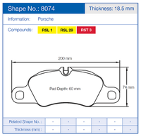 Thumbnail for Pagid 8074 Brake pad with dimensions and specifications for Porsche, including shape number, thickness, and compounds.
