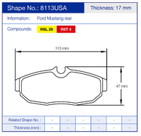 Thumbnail for Pagid 8113USA Brake pad with dimensions and specifications for Ford Mustang rear, including shape number, thickness, and compounds.