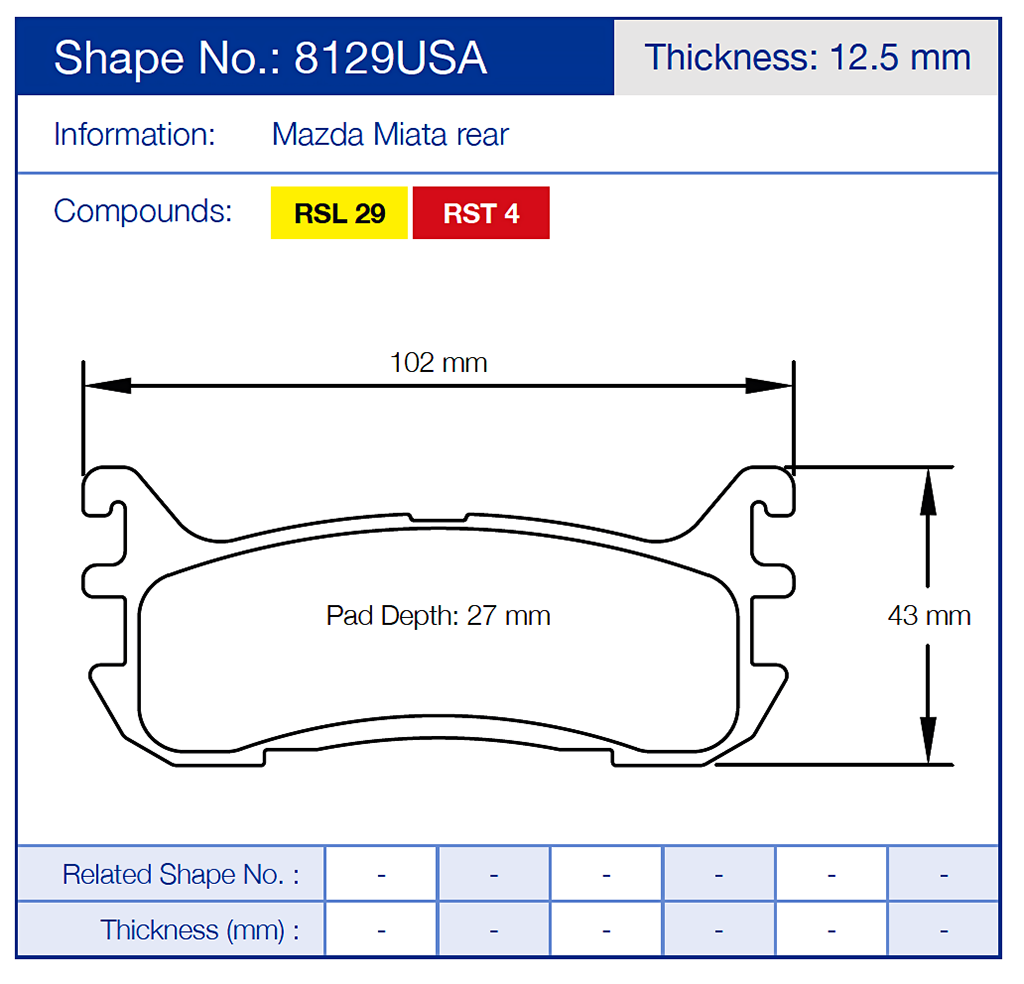 Pagid 8129 Brake pad diagram with specifications for Mazda Miata rear, including dimensions and compounds.