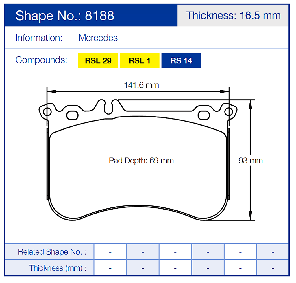 Pagid 8188 Brake pad with dimensions and specifications for Mercedes, including shape number 8188 and thickness 16.5 mm.
