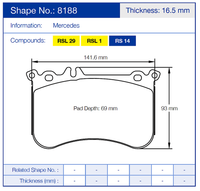 Thumbnail for Pagid 8188 Brake pad with dimensions and specifications for Mercedes, including shape number 8188 and thickness 16.5 mm.