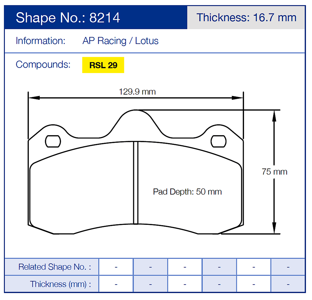 Technical diagram of Pagid 8218 brake pads with dimensions and specifications on a blue background