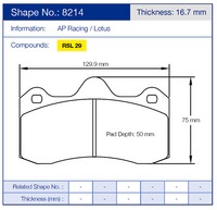 Thumbnail for Technical diagram of Pagid 8218 brake pads with dimensions and specifications on a blue background