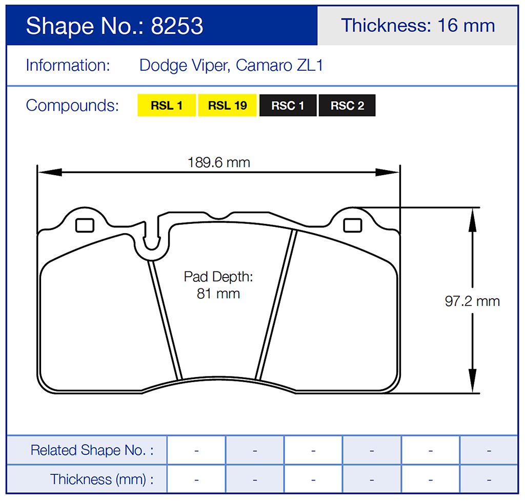 Pagid 8253 Brake pad diagram with dimensions and specifications for Dodge Viper and Camaro ZL1.