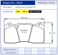 Thumbnail for Pagid 8253 Brake pad diagram with dimensions and specifications for Dodge Viper and Camaro ZL1.