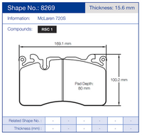 Thumbnail for Technical diagram of Pagid 8269 brake pads with dimensions and specifications for McLaren 720S.
