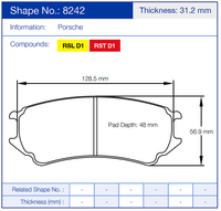 Thumbnail for Technical diagram of Porsche Pagid 8242 brake pads with dimensions and compound information.