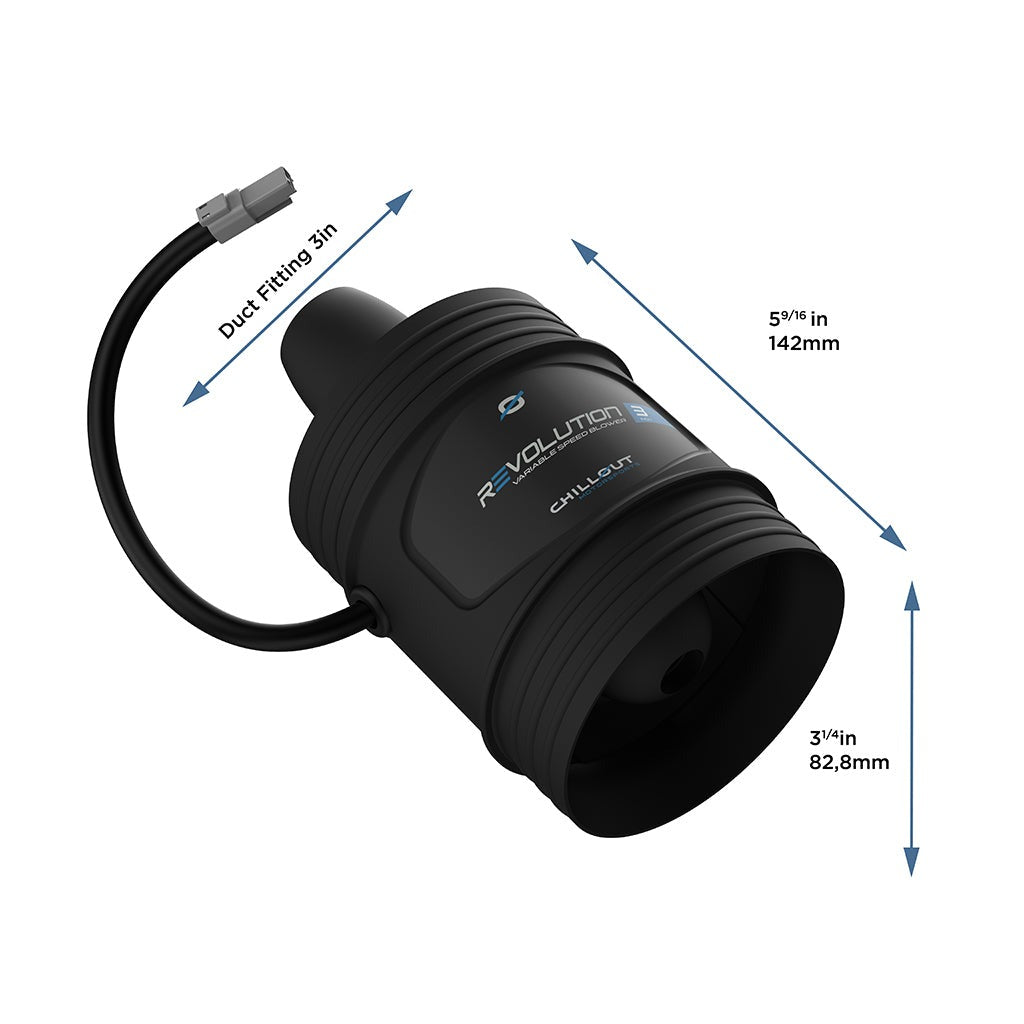 hillout Systems Revolution 3-Inch Blower side profile with duct fitting dimensions