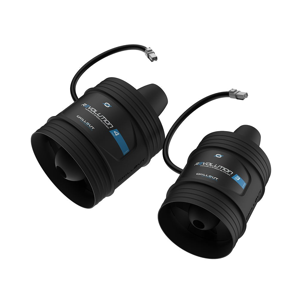 Chillout Systems Revolution 3-inch and 4-inch blower size comparison