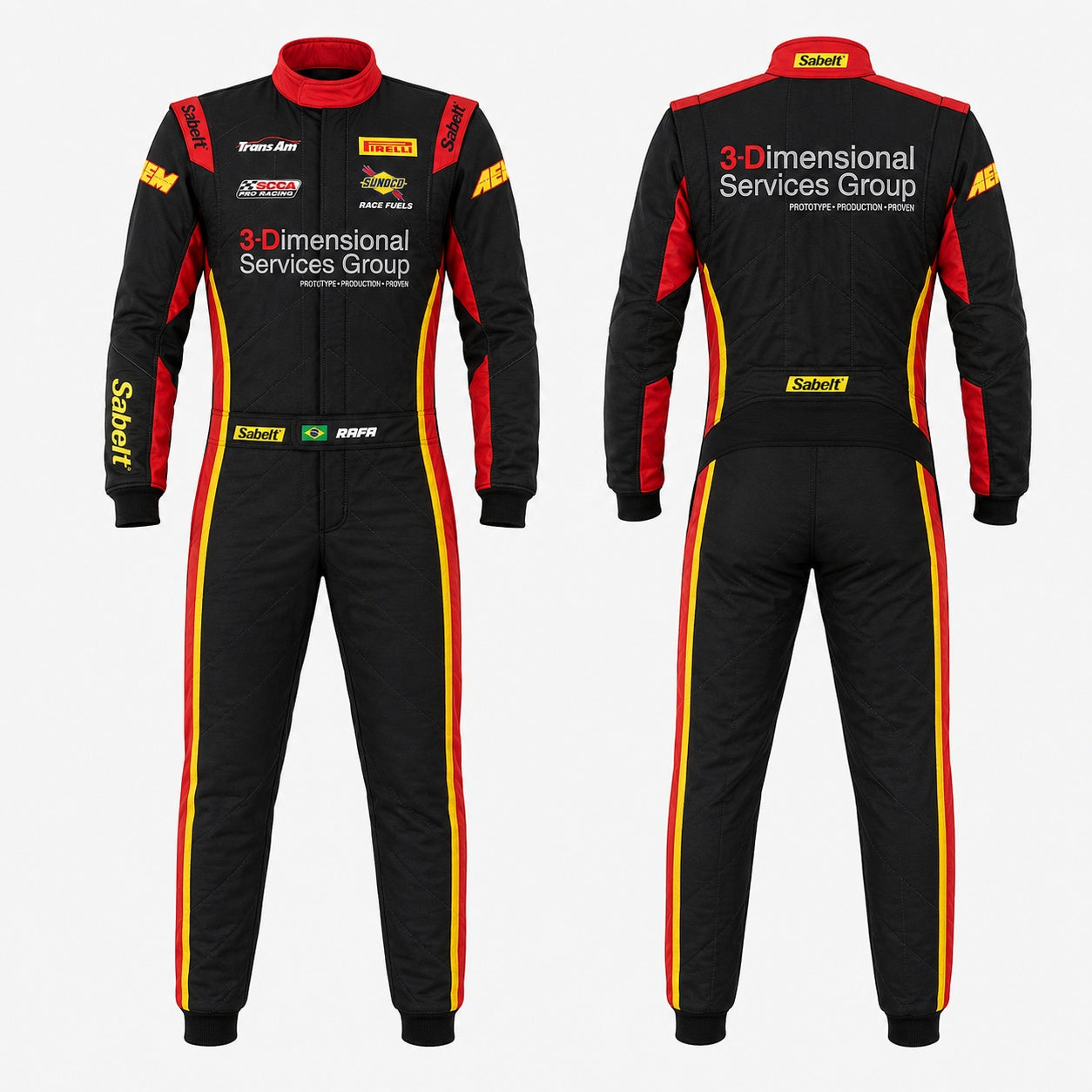 Black racing suit with red and yellow accents featuring '3-Dimensional Services Group' branding on a white background.