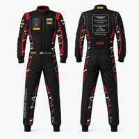 Thumbnail for Black and red racing suit with branding on a white background