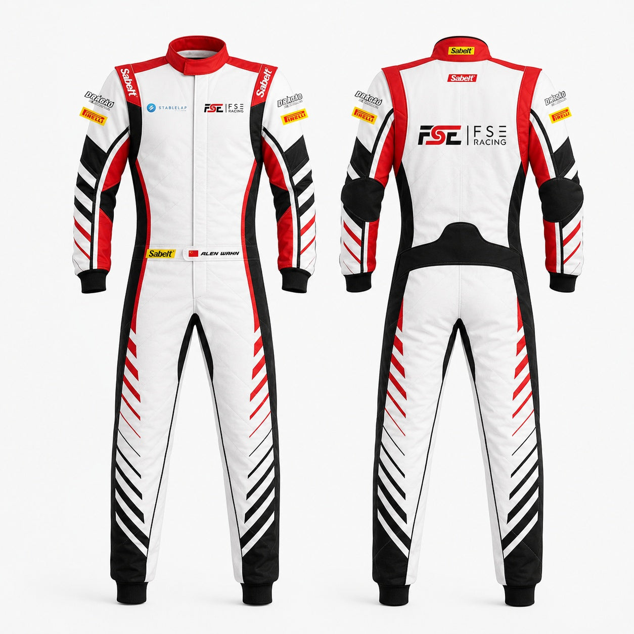 White racing suit with red and black accents and visible branding on a white background